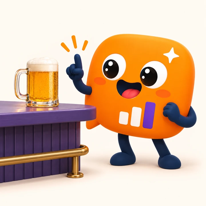 La mascota de Levelingua levanta un dedo para pedir una cerveza en la barra
